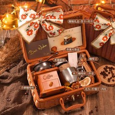 手磨手搖手壓咖啡機禮盒套裝，家用便攜式咖啡豆研磨機，臺灣出貨, 【藤編咖啡機禮盒】款式七, 1個
