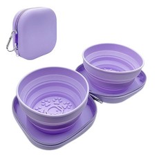 ZBBORQ 휴대용 개 그릇 카라비너 클립이 있는 접이식 2 in 1 여행용 야외 캠핑 및 하이킹을 위한 실리콘 더블 펫 사료 물 접시(보라색), rple