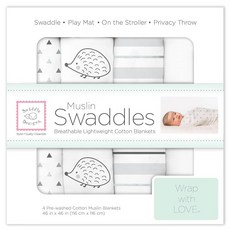 스와들디자인 SwaddleDesigns 면 모슬린 포대기 담요 4개 세트 남아 및 여아용 속싸개 최고의 샤워 선물 116.8 x 116.8cm(46 46인치) 핑크 플로, Hedgehog