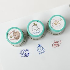 칭찬도장 2원형 만년도장 3종1세트 알림장 숙제검사 확인스탬프 어린이집 유치원 초등 교사용 부모님, 1개, 1번SET(케이스민트)