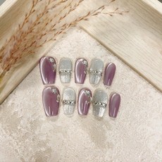 紫清泉 天娛美甲高端原創設計純手工穿戴甲 美甲片 氣質款個性貓眼高級顯白獨特輕奢設計款, 1個, 短梯甲型（短款長度 17mm）,L