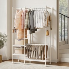 JSUSUJ 올인원 이동식행거 2단 상하의 올인원 행거 확장형 바지걸이포함 드레스룸 선반 철제 시스템 행거, 블랙