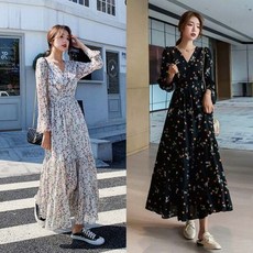 [라이프커머스] (스타일하우스)원피스 OPS 플라워패턴 브이넥 긴팔 롱원피스 쉬폰 봄 가을