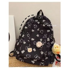 梨子studio 小熊印花雙肩包 日系卡通休閒後背包, 黑色+無任何掛飾:1個, 1個