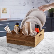木質廚房收納盒 手提桌麵碗筷勺子分格整理盒 刀叉紙巾儲物盒, 圖片色, 1個