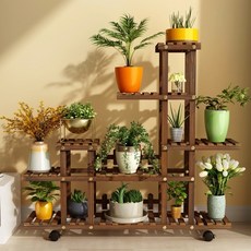 나무 베란다화분정리대 이동 가능 화분선반, 5단, A형 강화 바퀴 포함