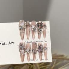 純手工穿戴甲片高級感粉色貓眼高端長款美甲片堆鑽爆閃假指甲貼片, 1組, 243玫瑰錦鯉-細狗長尖:S