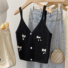 ROYALBELLE 여성 러블리 숏 심플 리본 니트 끈 나시 버튼 캐주얼 컬러 소프트 니트 조끼 Y0120108