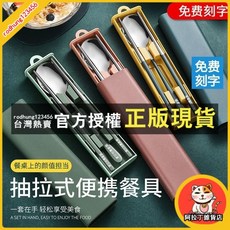 臺灣出貨 304不鏽鋼便攜餐具套裝 (刻字定製) - 網紅三件套筷子勺子組閤 日韓清新環保餐具, o黃藍 鋼本色【筷勺-2件套】,【刻字免費】聯繫, 1個