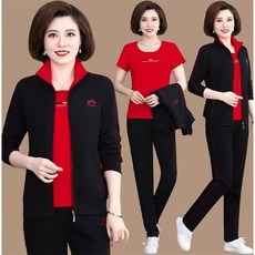 남극인 엄마 봄옷 2022 중노년층 트레이닝복세트 여성 봄가을 빅사이즈 중년 쓰리 피스이다, 1개, 블랙 진홍 (반팔 이너웨어 )_코트