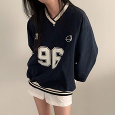 여성 오버핏 럭비 브이넥 맨투맨 긴팔 티셔츠