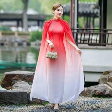 改良奧黛旗袍 越南連衣裙, 紅色雪紡加披肩沒有花,3XL, 紅色