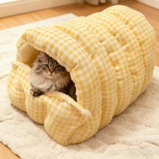 寵物必備棋盤格猫窩冬季保暖封閉式寵物窩安全感猫牀小型犬狗窩, 黃格子大號[推薦15斤內寵物]×黃格子×42*40*28×1個