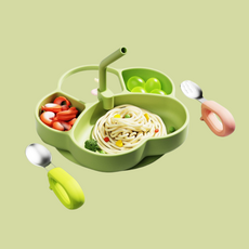 貓爪型寶寶餐盤可分格 獨家專利可拆卸吸管 矽膠材質 安全無毒 強力吸盤 穩固不打翻 台灣出貨, 1個, 抹茶綠(帶蓋子+吸管+圓環勺叉)