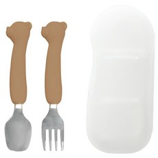 티지엠 실리콘 스테인리스 스푼포크 세트 곰돌이, 초콜릿, 스푼 + 포크 + 케이스, 1세트