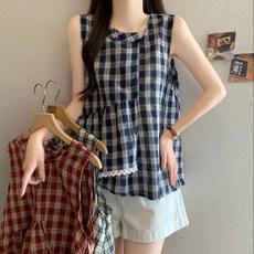 투니스 여성 루즈핏 레이스 프릴 언밸런스 체크 민소매 셔츠
