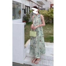 티류으스 여성 봄 여름 신중국풍 수묵화 프린트 네크라인 원피스 허리라인 슬림핏 롱드레스 WY