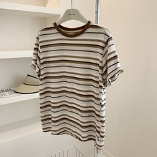 Yellwel 여름 신상품 복고풍 라운드넥 스트라이프 반팔티 여성용 넉넉한 사이즈 DJP