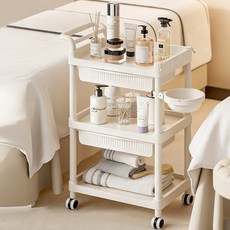 이동식 트롤리 수납함 미용실 트레이 3단 서랍장 가정용 미용실용 다용도 회전 수납 카트, 화이트