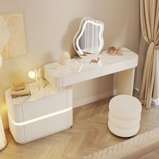 奶油風L型梳妝台 台灣出貨免組裝 卧室床邊轉角伸縮化妝桌, 白色 兩門櫃 巖板面,80桌+智能鏡+櫃+【花瓣椅或墩墩椅】