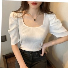 커플시밀러룩 여름 골지 반팔 퍼프 니트 얼굴 작아보이는 스퀘어넥