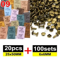 20pcs 믹스 가죽 레이블 100 세트 6x6MM 금속 스파이크 수제 의류에 대 한 양각 태그 DIY 모자 바느질 액세, 07 09