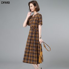 DFMEI 조순면 체크 원피스 여 미디 키 작은 캐주얼한 분위기의 롱 원피스