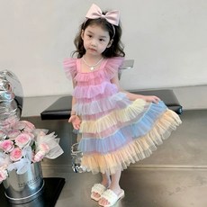 메이징키즈 키즈 여아 여름 무지개 캉캉 프릴 레이스 레인보우 원피스