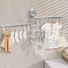 真空吸盤旋轉折疊曬衣夾 多用途防風夾 髮飾收納架 4桿款, 1個, 4桿款   吸盤折疊晾曬架, 透明色