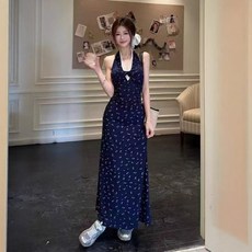 Yellwel 무소매 부서지는 원피스 여성 여름 허리라인 슬링 롱 원피스 DJP