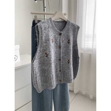 여성 루즈핏 니트 조끼 민소매 스웨터 단추 꽃송이 꽃자수 가디건