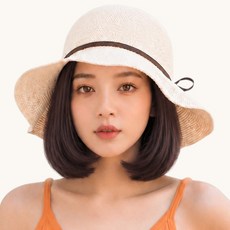 가발위드 여성 여름 챙넓은 자외선차단 밀짚 리본 단발 가발모자 일체형, 다크브라운, 1개