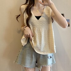 WANGBAIWAN 여성 펀칭 니트 브이넥 민소매 조끼 루즈핏 뱃살 커버는 얇은 레이어드 베스트 C081601