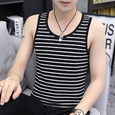 男士黑白條紋純棉冰絲運動健身無袖背心坎肩馬甲