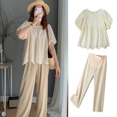 임산부 여름 세트 캐주얼 쉬폰 블라우스 반팔티 하이웨이스트 슬랙스 팬츠 상하의 투피스 기질 임부복 세트 JZZN