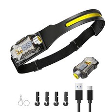 헤드램프 충전식 LED 헤드 램프 모션 센서 포함 2 in 1 탈착식 230° 와이드 빔 헤드라이트 이마용 성인용 안전모 헤드램프 하이킹 수리 낚시 달리기 캠, 블랙