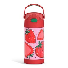 THERMOS FUNTAINER 빨대 포함 물병 - 355ml(12온스) - 아동용 스테인리스 스틸 진공 단열 물병 뚜껑 포함 피스, 스트로베리 스마일