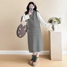 순이랜드 실사 임부복 가을 루즈핏 긴팔 상의+스트라이프 후드 나시 스커트 임부복 투피스