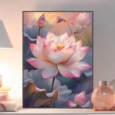 보석십자수 액자형 우아한 분홍 연꽃 연잎 수련 불교 꽃 비즈 액자 포함 세트, 1개, 42x62cm