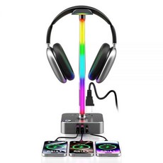 COZOO Pink Headphone Stand with USB Charger Gaming Headset Holder 3 Ports & 2 AC Outlets PD Fast, 그레이 - RGB