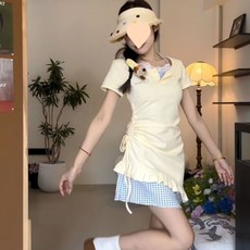 Yellwel 학원풍 투피스 원피스 여성 여름 드로우스트링 웨이스트 롱원피스 DJP