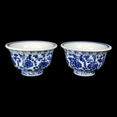 博古珍藏 明永樂青花纏枝蓮紋壓手杯一對 早期收藏老件茶杯 博物館級文物, 1個, 青花