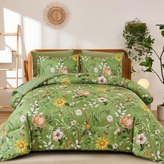 Yiran Sage Green 히비스커스 꽃무늬 이불 세트 퀸 사이즈 7피스 새 꽃 보태니컬 침구 가방에 담긴 빈티지 침대 부드러운 극세사 컴플리트 사계절용 시트 포함 1833, 초록색