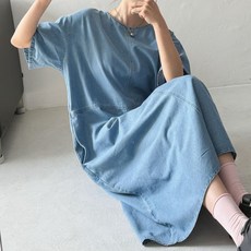 면100 박스핏 반팔 청롱원피스 여성 여름 데님 오버핏롱원피스 핀턱 임산부 캐주얼 데일리