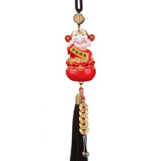 小財神 國風汽車掛件 後視鏡吊飾, 紅色 - 棕流蘇, 1個