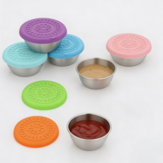 엘리펀트 304 스테인리스 밀폐 소스컵 50ml 세트 실리콘 뚜껑 1회용 적정용량 쌓아보관, 6칼라 믹스, 6개