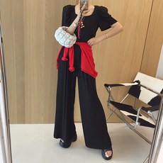 [아이미마인] 챠르르 스퀘어넥 어깨패드 퍼프 크롭 반팔티 밴딩 A라인 와이드팬츠 골지 플리츠 여름 투피스세트 (4color)