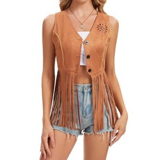 KATOLK 여성용 프린지 조끼 재킷 인조 스웨이드 태슬 민소매 웨스턴 카우걸 히피 70년대 코스튬 축제 파티용 브라운. XX-라지