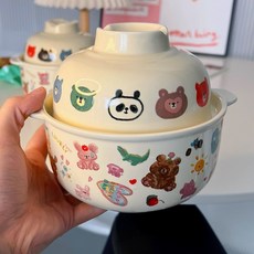 卡通麵包超人碗 傢用個性大容量 帶蓋陶瓷泡麵碗 帶手柄防燙 童趣小熊杯子 麵包人飯碗, 童趣小熊泡麵碗, 1個