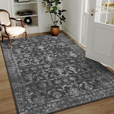 DUIDY 2x6 Gray Runner Rug Hallway Non Slip Washable Area Rugs Kitchen Soft Vintage Boho Long Rug D, 블랙